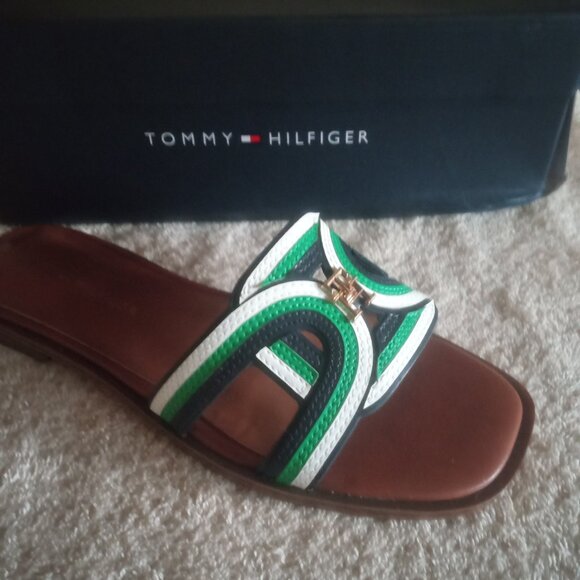 TOMMY HILFIGER Tressi Logo Slide Sandals Shoes 6.5 M Medium Green Navy NEW NIB - Picture 2 of 6